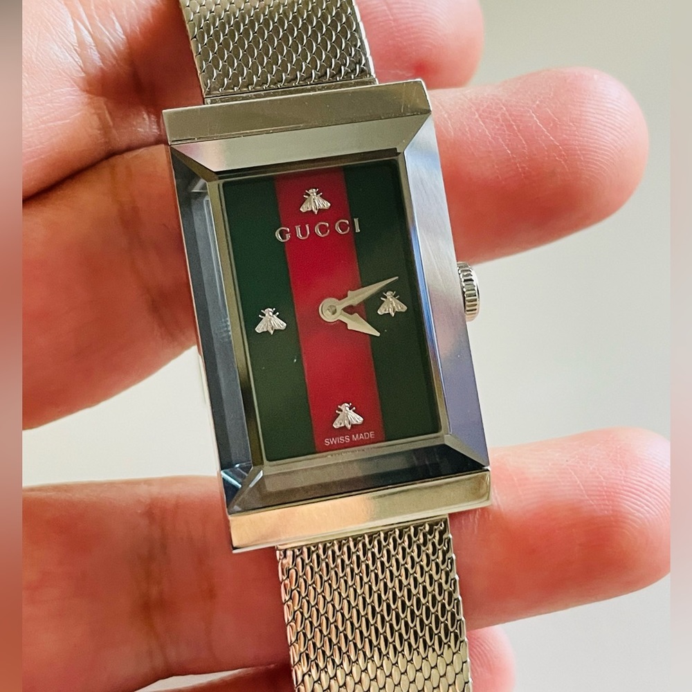 Gucci Rectangular Bee Dial Watch in Green and Red with Silver Mesh Bracelet
